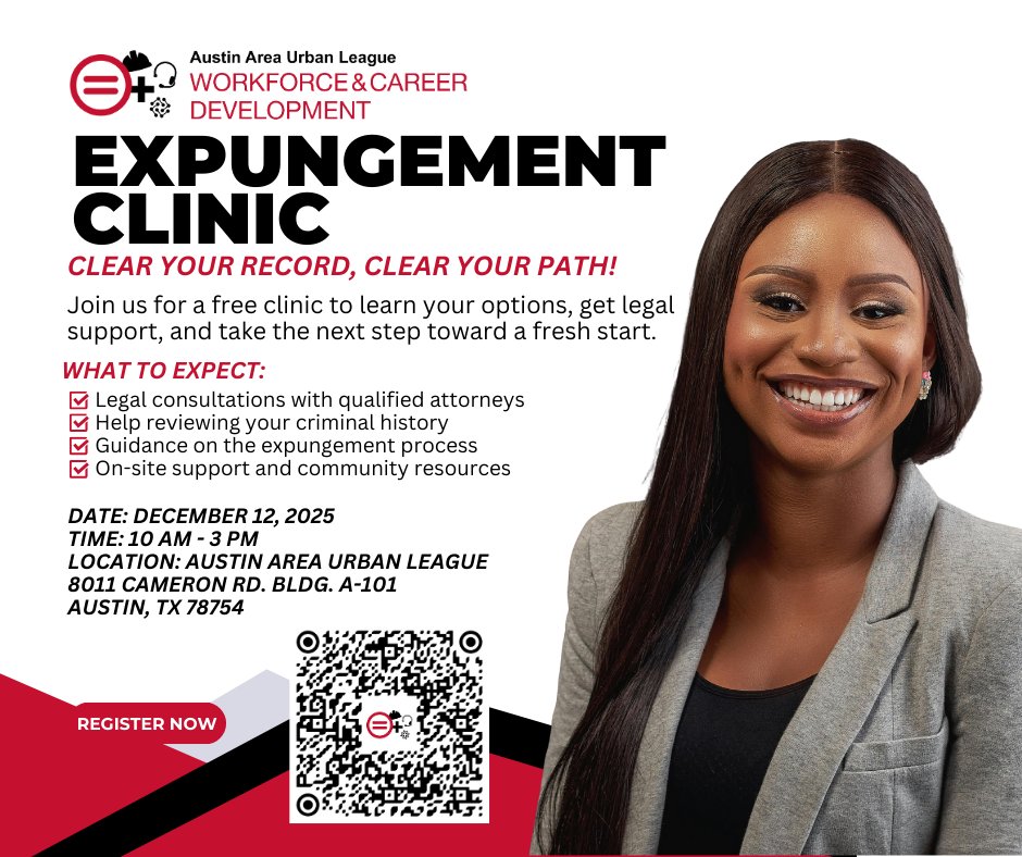 ✨ Fresh start is possible! Join us Dec 12 at 10 AM for our Expungement Clinic! 🔗 Register now: bit.ly/AAULExpungement #ClearYourRecord #ExpungementClinic #SecondChances #AustinTexas #AustinJustice #ATXCommunity #AAUL #AustinAreaUrbanLeague