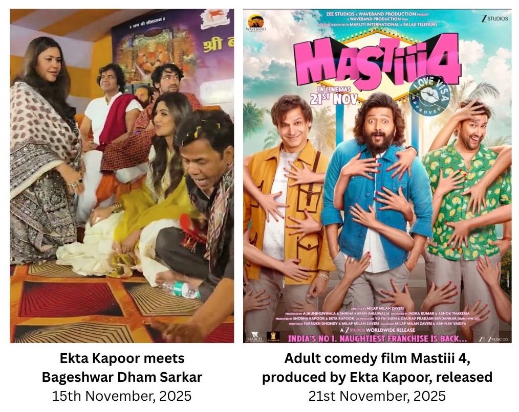 Days after meeting <a href="/bageshwardham/">Bageshwar Dham Sarkar (Official)</a> &amp; chanting “Jai Siya Ram” &amp; other Hindutva slogans from his stage, Ekta Kapoor is back to what she does best—producing perverted content that is destroying Bharat’s culture &amp; causing rapes. 

Such acts would have led to capital punishment in the