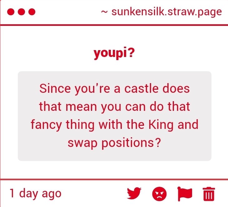 sunken_silk's tweet image. the pieces is usually called rook or tower (at least in english, idk about other languages), and that action is called the castle!  and yesss it&apos;s actually how i decided to exhibit my work! 

(also i will upload the chess stuff for anyone interested)