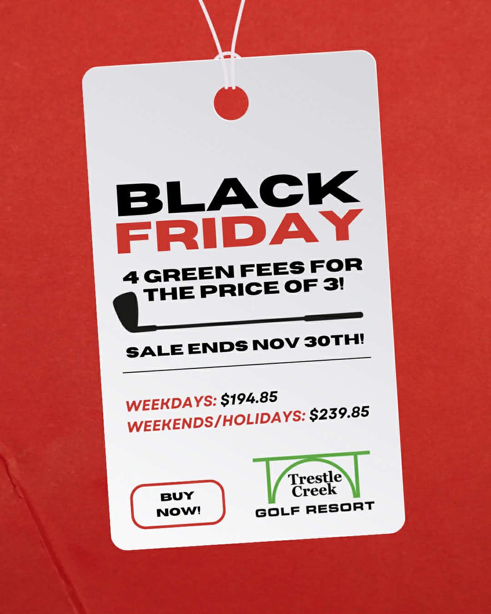 🚨 #BlackFriday! Buy 4 Green Fees for the Price of 3! ⛳️ Whether you’re planning next season’s #golf rounds or gifting the golfer in your life, this deal you don’t want to miss. Sale ends Nov 30th! To purchase, email <a href="/ArtieCubed/">Art New</a> at headpro@trestlecreek.ca or call 780-695-8558.