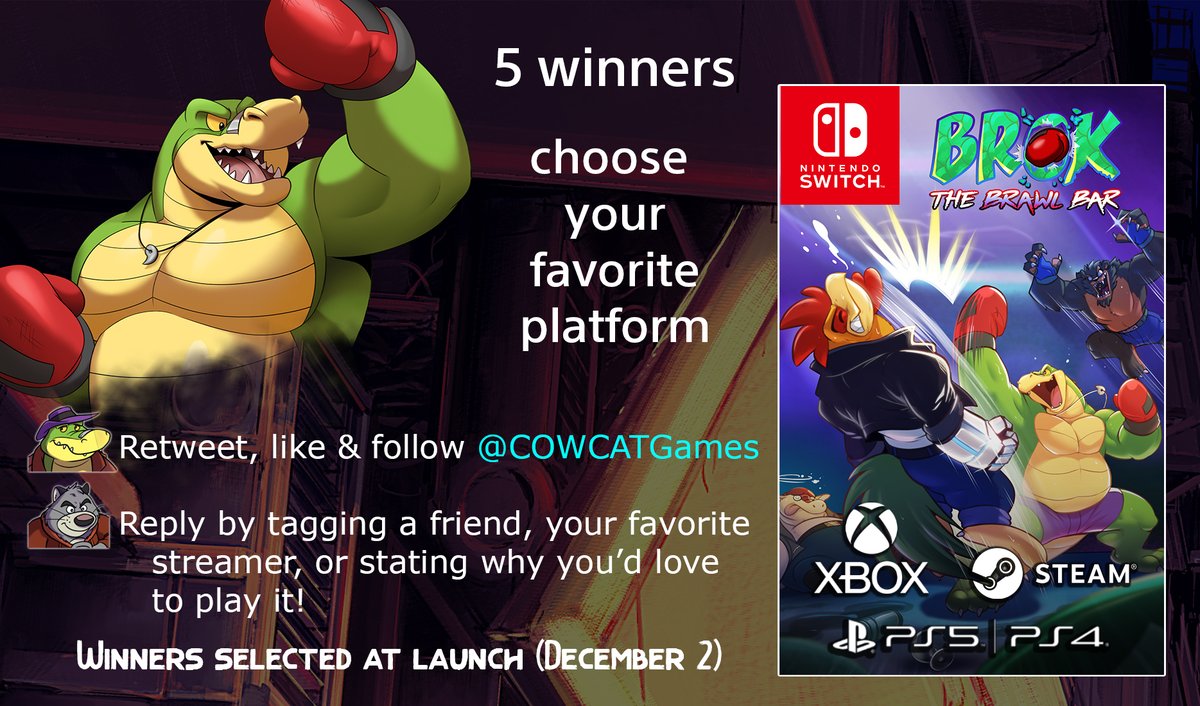 📣 GIVEAWAY 📣
To celebrate the launch of BROK: THE BRAWL BAR next week, win the game! 👊
🐊 Steam
🐊 PS4 / PS5
🐊 Nintendo Switch
🐊 Xbox

INSTRUCTIONS ↘️