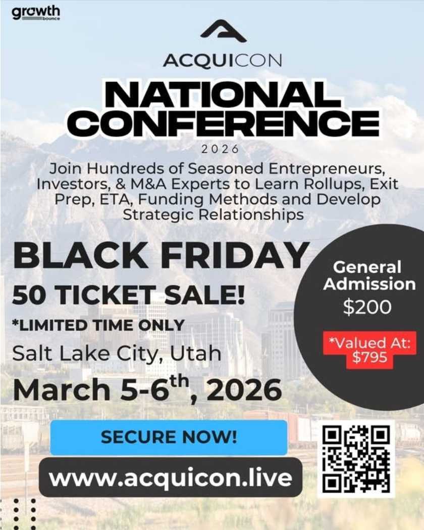 BLACK FRIDAY SALE! Secure your seat at our national conference this March 5-6. Acquicon is building a top tier ecosystem for all things acquisitions, M&amp;A, partnerships, networking, service providers and much more. 

Secure your Black Friday ticket here 
➡️ luma.com/46vey7xj