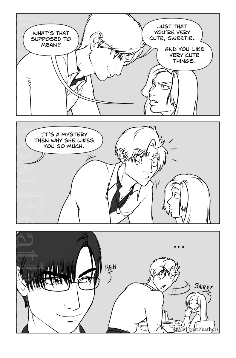 MsFrostFeathers's tweet image. Sylus notices Zayne&apos;s new accessory... 

(small excerpt from a larger SnowCrow fanfic I&apos;m still editing, will be on AO3... eventually. Will turn other bits into comics/drawings as inspiration strikes me.)

❄️🐦‍⬛