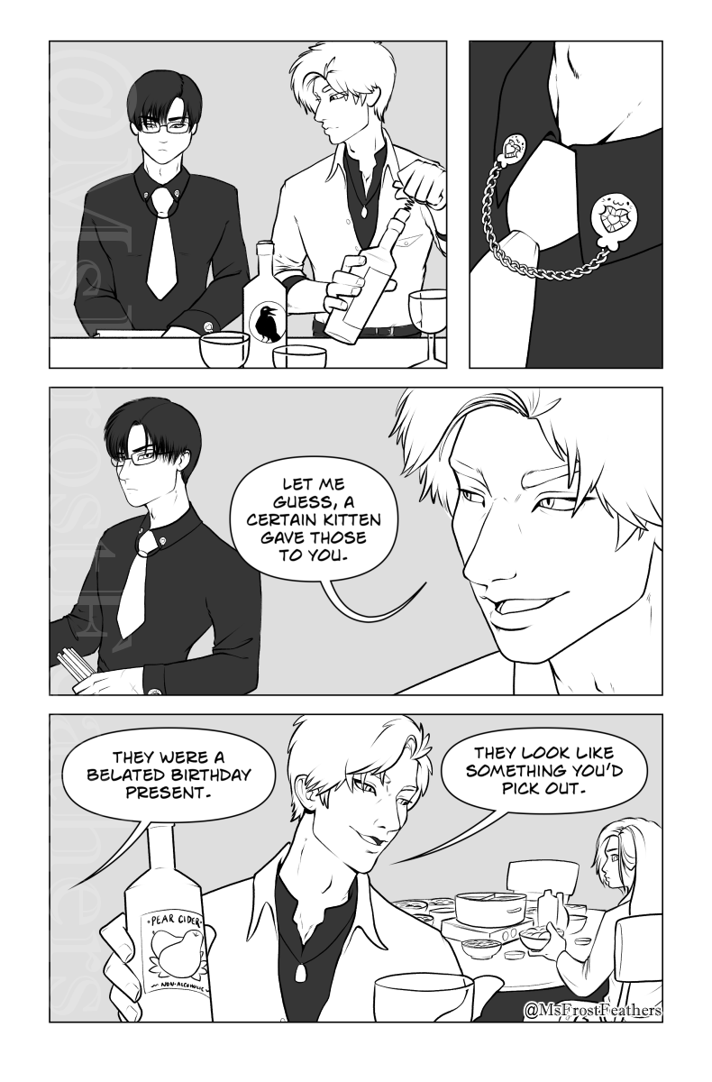 MsFrostFeathers's tweet image. Sylus notices Zayne&apos;s new accessory... 

(small excerpt from a larger SnowCrow fanfic I&apos;m still editing, will be on AO3... eventually. Will turn other bits into comics/drawings as inspiration strikes me.)

❄️🐦‍⬛