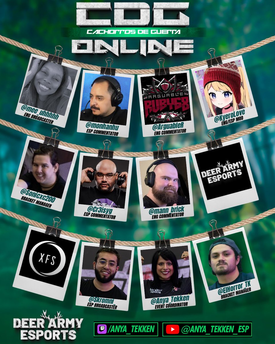 DeerArmyEsports's tweet photo. MEET THE CREW for CDG ONLINE #4: #Tekken8 Tournament 🐶 

¡Nuestro talento y staff están listos para hacer de CDG ONLINE una buena experiencia!

Conócelos y prepárate para el torneo 🫡

📆 Sábado 29 de Noviembre – 2 p.m. CDMX - Abierto al Continente Americano
🎟️ Registro gratis: https://t.co/kqjryjI4XZ
💰 Premio mínimo de $50 USD. Apoya utilizando un código de matcherino: https://t.co/v1BToJ1p2A

Patrocinado por @xfshowdown 

#Tekken8 #fightinggames #DeerArmy