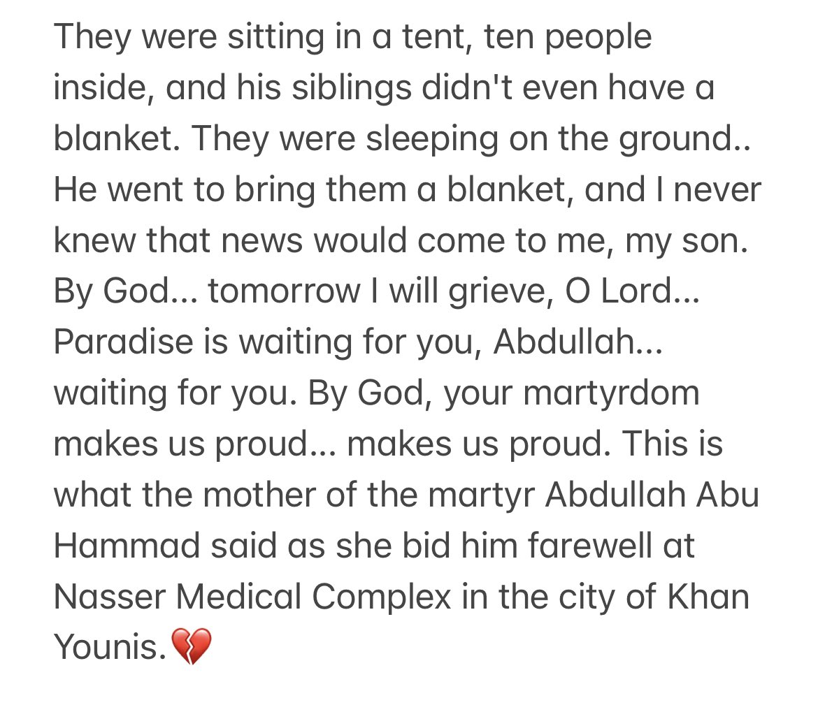 doaa__mohammad's tweet image. They were sitting in a tent, ten people inside, and his siblings didn&apos;t even have a blanket. They were sleeping on the ground.. He went to bring them a blanket, and I never knew that news would come to me, my son.