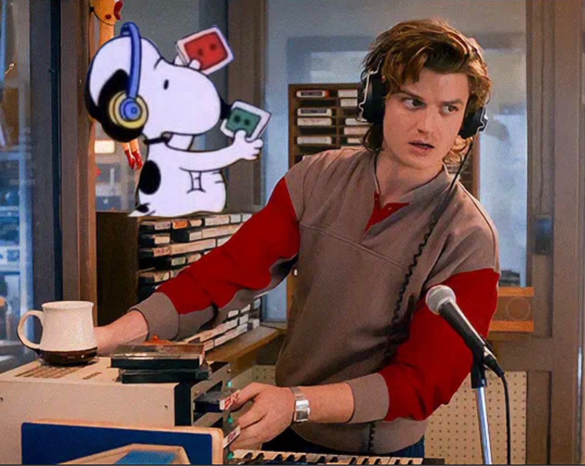 snoopy is helping steve pick the right sound effect