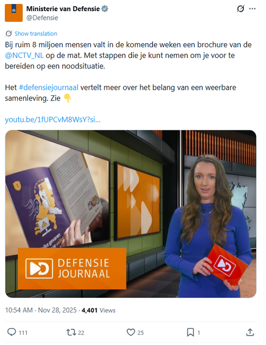 veen_els's tweet image. Vanochtend plaatste het Ministerie van Defensie @Defensie onderstaande post, die al na enkele uren weer werd verwijderd, gelukkig had ik nog een screenshot.

"Bij ruim 8 miljoen mensen valt in de komende weken een brochure van de @NCTV_NL op de mat. Met stappen die je kunt nemen…
