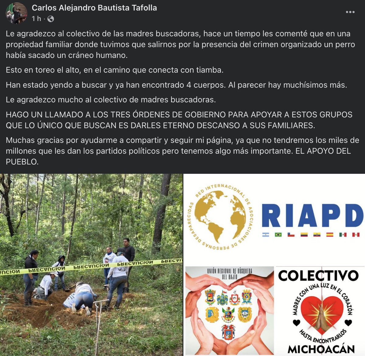 🔴Hallan 4 cuerpos en un predio ligado a Carlos Alejandro Bautista Tafolla: el diputado local de Michoacán confirmó que un colectivo de madres buscadoras localizó los restos en un terreno de su familia, en Toreo el Alto.

Bautista Tafolla pidió apoyo urgente de los tres niveles