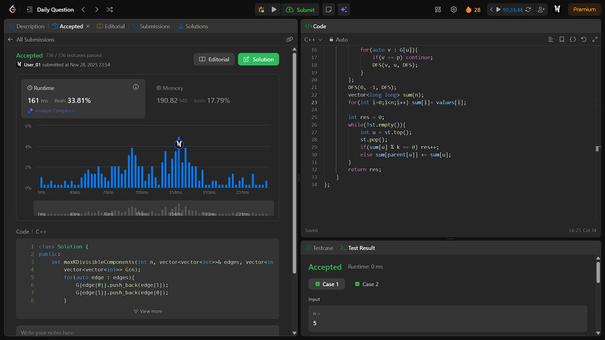 Wannabe_01_'s tweet image. #Day141 of grinding until I land a job! 🚀
- POTD: Maximum Number of K-Divisible Components
#DSA #100DaysOfCode #LeetCode
