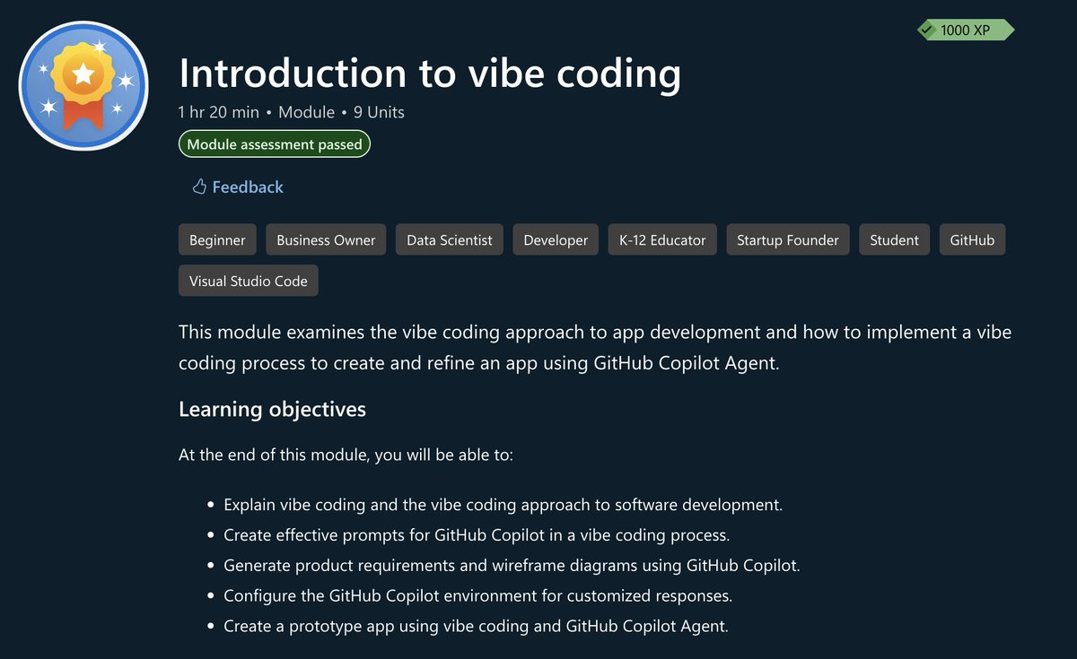 swapankm's tweet image. Most of you probably don’t know this exists yet.

Microsoft has a 100% free course that teaches Vibe Coding:

You literally just describe your app idea in normal words and GitHub Copilot builds the whole thing for you.

Here it is, 100% free: learn.microsoft.com/en-us/training…

#VibeCoding…