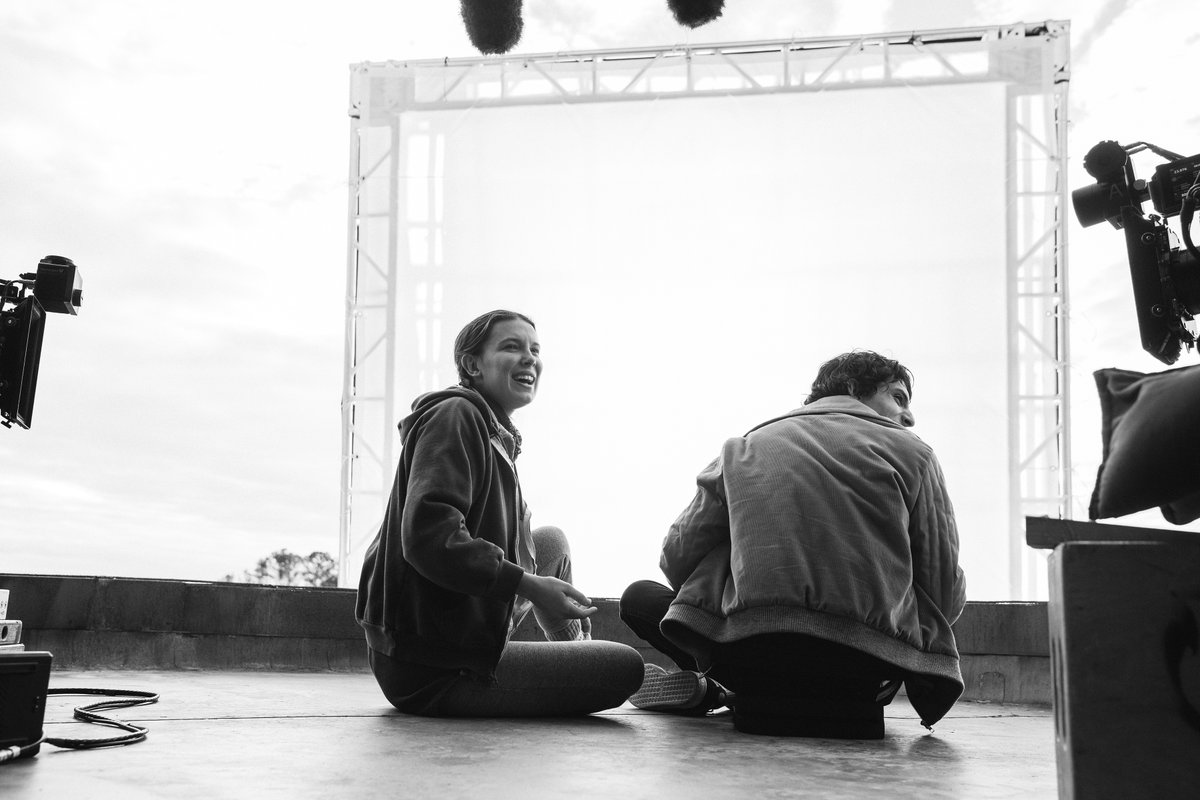 netflix's tweet image. Millie Bobby Brown and Finn Wolfhard on the set of Stranger Things 5