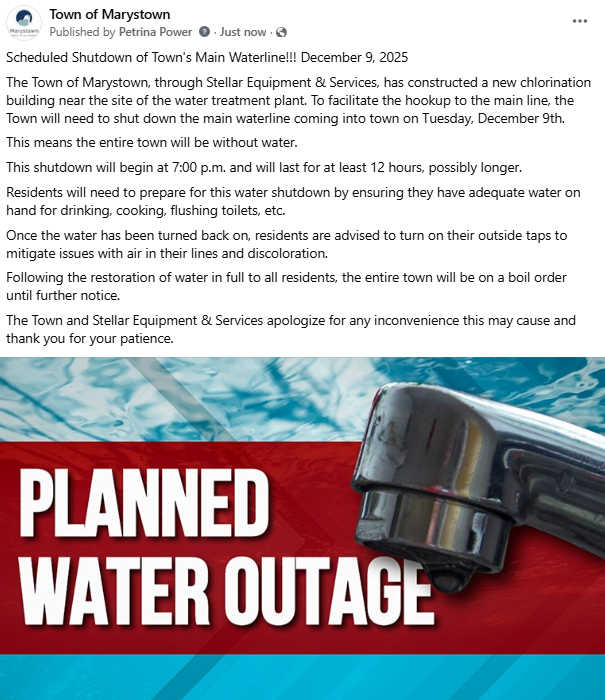 Scheduled Shutdown of Town's Main Waterline!!! December 9, 2025