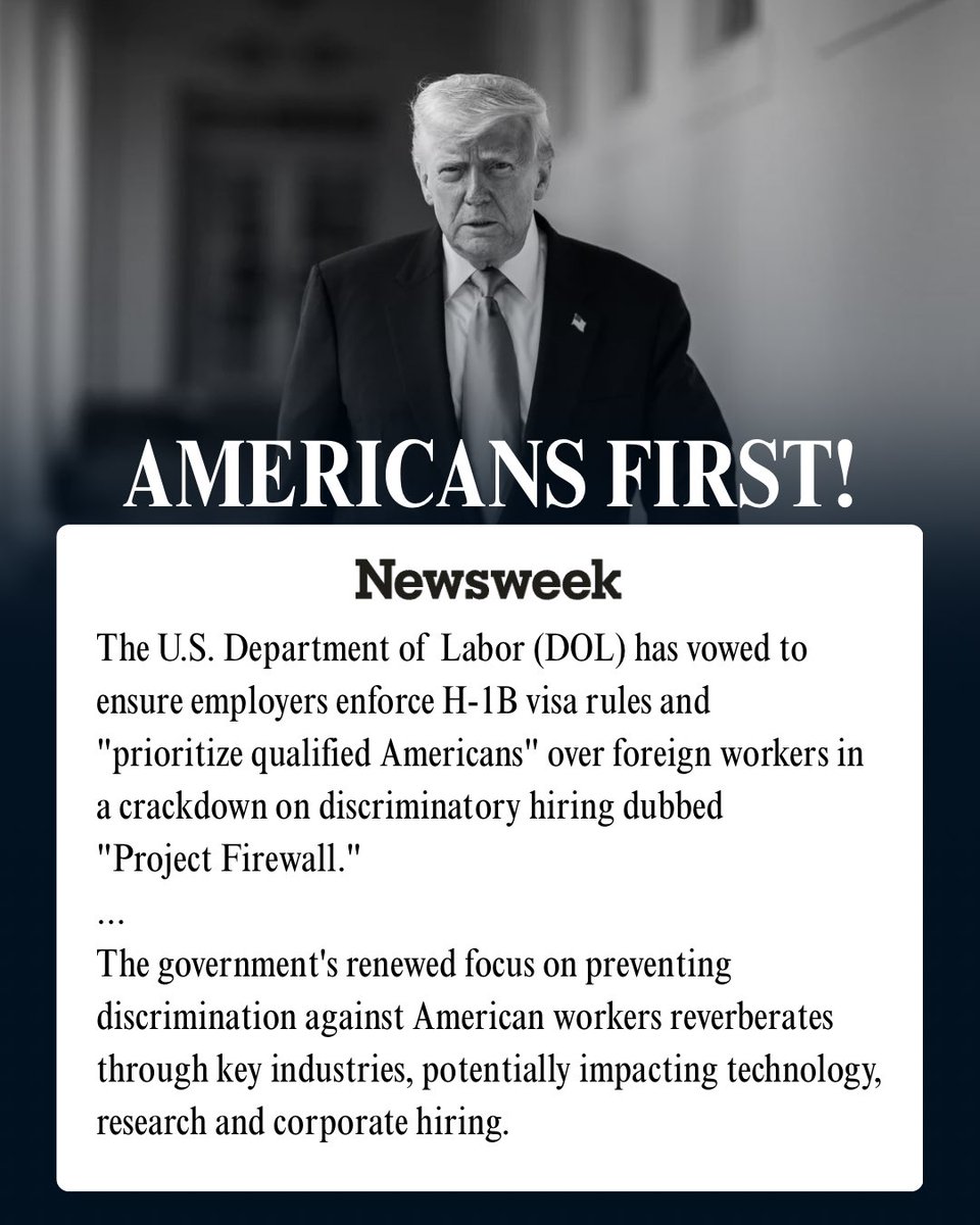 USDOL's tweet image. AMERICANS FIRST. 

Alongside our partners at the @USEEOC, we’re laser-focused on protecting American Workers and ending the illegal prioritization of foreign labor.