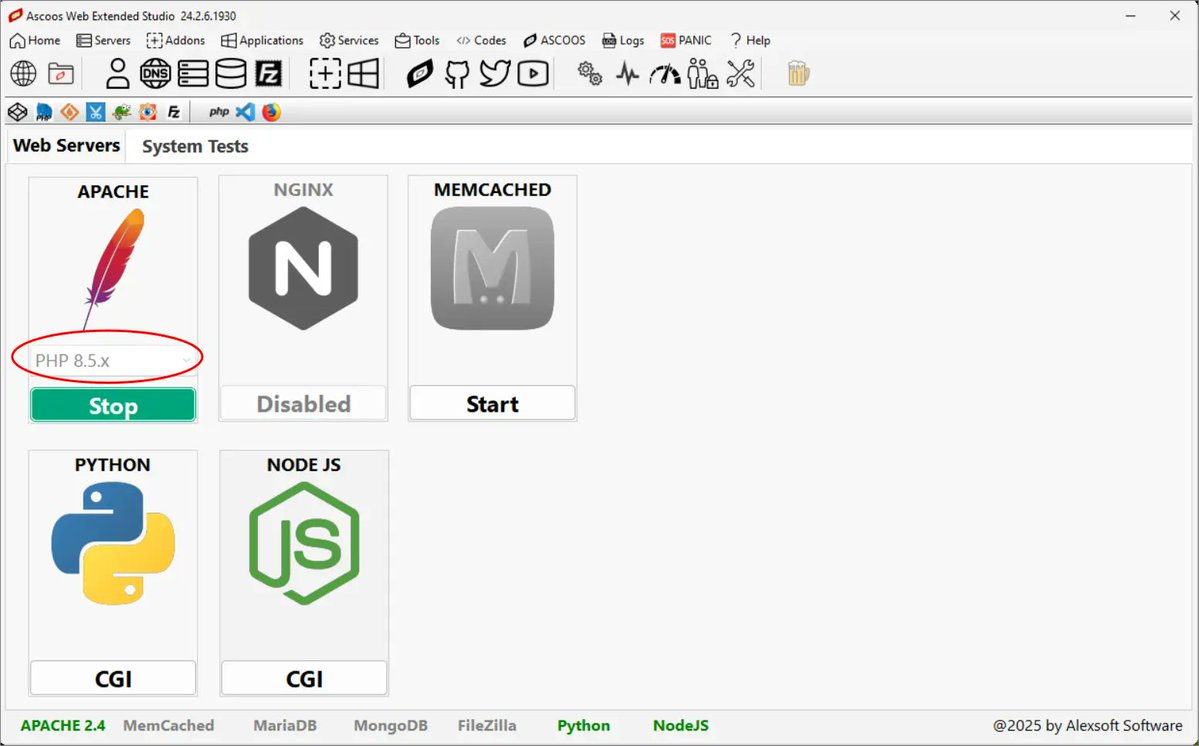 ascoos's tweet image. Ascoos Web Extended Studio (AWES)

PHP 5.6-8.5 without settings – All in 1 click!

#AWES #Ascoos #apache #php #memcached #python #node #mariadb #mongodb #filezilla #vscode #firefox #chromium #PortableDev #WebDev #WebDevelopment