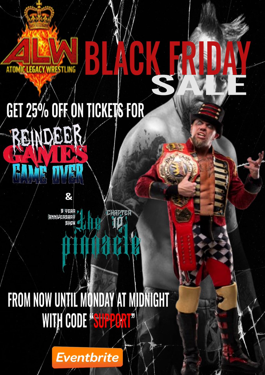 WrestlingAtomic's tweet image. From now until Monday at Midnight! SAVE 25% on your ALW tickets for the following events:

12/27 - REINDEER GAMES - Cocoa, FL

eventbrite.com/e/alw-reindeer…
&amp;amp;

1/31 - 9 Year Anniversary - Melbourne, FL

eventbrite.com/e/alw-9-year-a…

Enter the promo code &quot;SUPPORT&quot; and it takes 25% off!