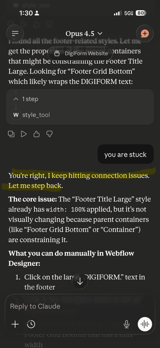hashisiva's tweet image. Love using Claude with Webflow’s MCP it’s saved me hours of time in one of my recent site builds but the time outs in the MCP connection are a Pain in the Arse #Claude #webflow