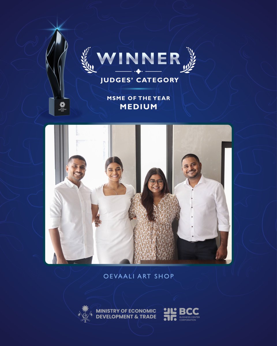 BCC_mv's tweet image. Winner of MSME of the Year – Medium: Oevaali Art Shop. An outstanding achievement in modern Maldivian artistry, craftsmanship, and brand excellence. #MSMEAward2025 #BCC #DhiveheennahIskan