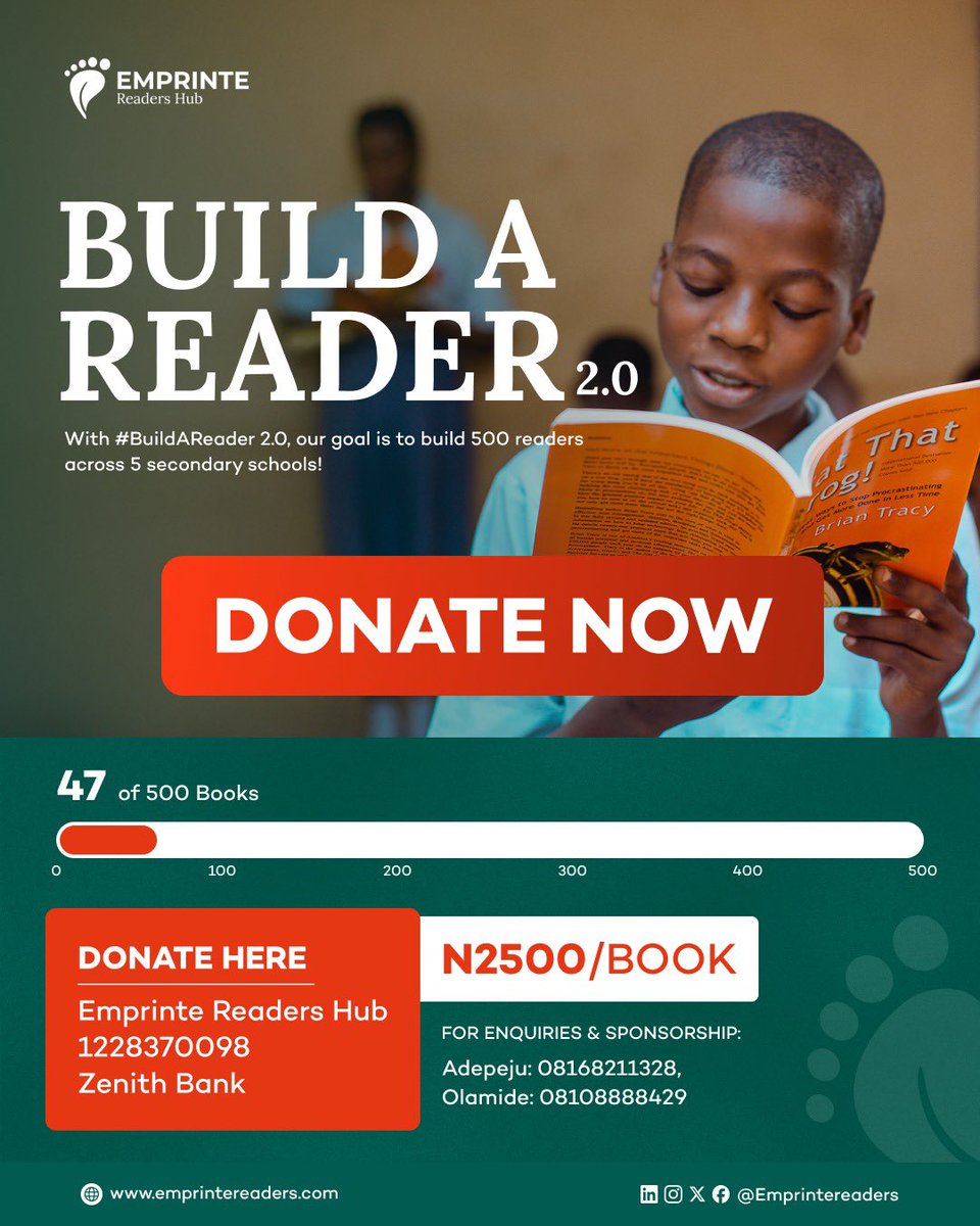emprintereaders's tweet photo. #BuildAReader 2.0 is officially on the move, and we have a very, very long way to go. We need all the support we can get!
Our goal is to transform 500 students into readers. Join us to #BuildAReader with N2,500!
Donate here:π
Emprinte Readers Hub
1228370098
Zenith Bank https://t.co/h2Vhfe6cL4