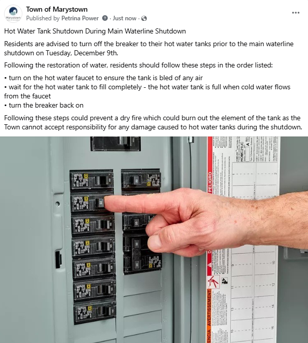 Hot Water Tank Shutdown During Main Waterline Shutdown