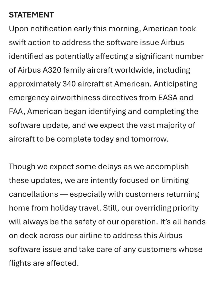 New from <a href="/AmericanAir/">americanair</a> on A320 issue: “American has about 480 total A320 family aircraft. Of those, approximately 340 aircraft require the software replacement.

For many aircraft, the process will take around two hours per aircraft to complete”