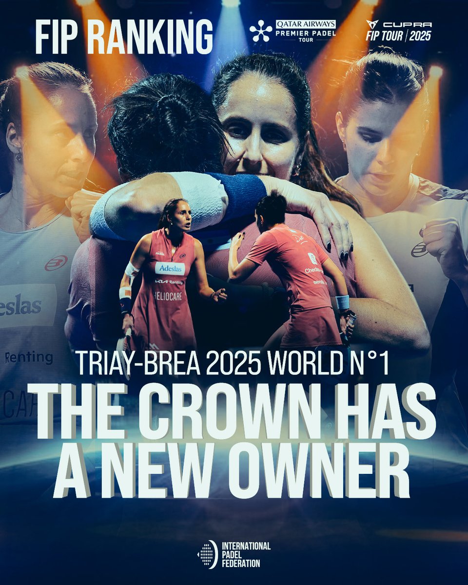 padelfip's tweet photo. TRIAY-BREA sit on the padel throne  👑

After a ruthless 2025 season, Gemma Triay &amp; Delfi Brea close the year as the official women’s World No.1 pair in the FIP Ranking.

The crown has a new owner.

#padelfip 
#premierpadel https://t.co/im22Q3cUW0