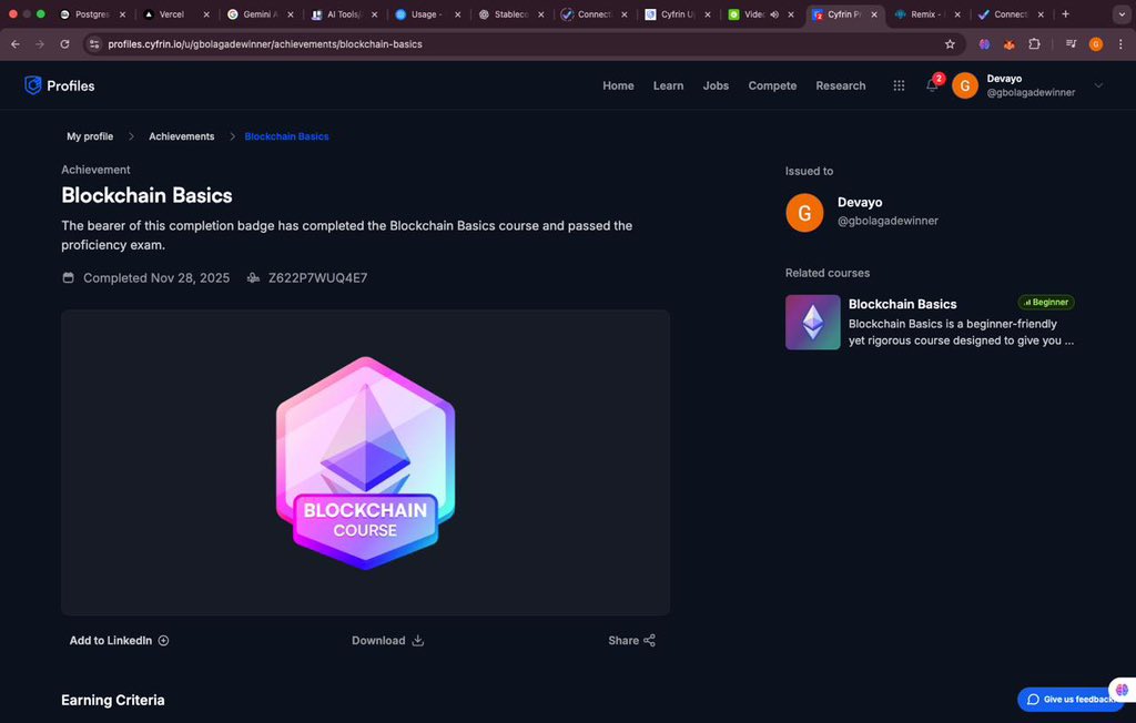 0xdevayo's tweet image. Day 6 of learning Blockchain 🔗

I just completed the Blockchain Basics course on Cyrfin Updraft today — another solid step forward in my learning journey 🚀

✅ Wrapped up the Blockchain Basics course and passed the proficiency exam
✅ Strengthened my understanding of…