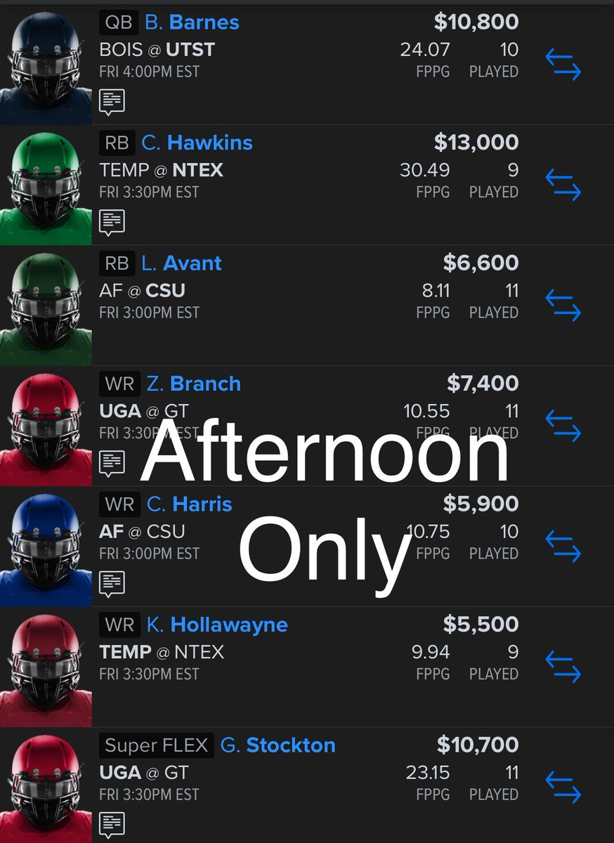 FREE COLLEGE FOOTBALL LINEUP🏈🔥

AFTERNOON ONLY🚨

#DFS #Fanduel #CFB #CFBPicks #CollegeFootball