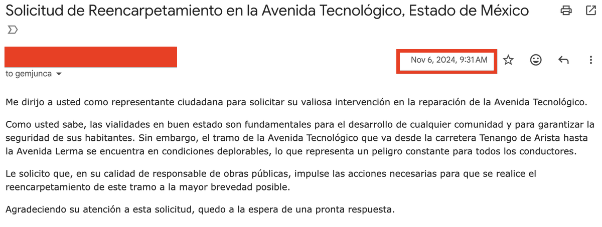 spazos's tweet photo. Desde noviembre del 2024 he mandado correos a gemjunca@edomex.gob.mx Por que asi lo dice su WhatsApp solicitando que pavimenten por completo Av. Tecnológico. También lleve un escrito. Hoy es 28/11/2025 y no ha sucedido nada. @SEDUIEdomex #ElPoderDeServir @SeMujeresEdomex https://t.co/lzmFy7O4SX
