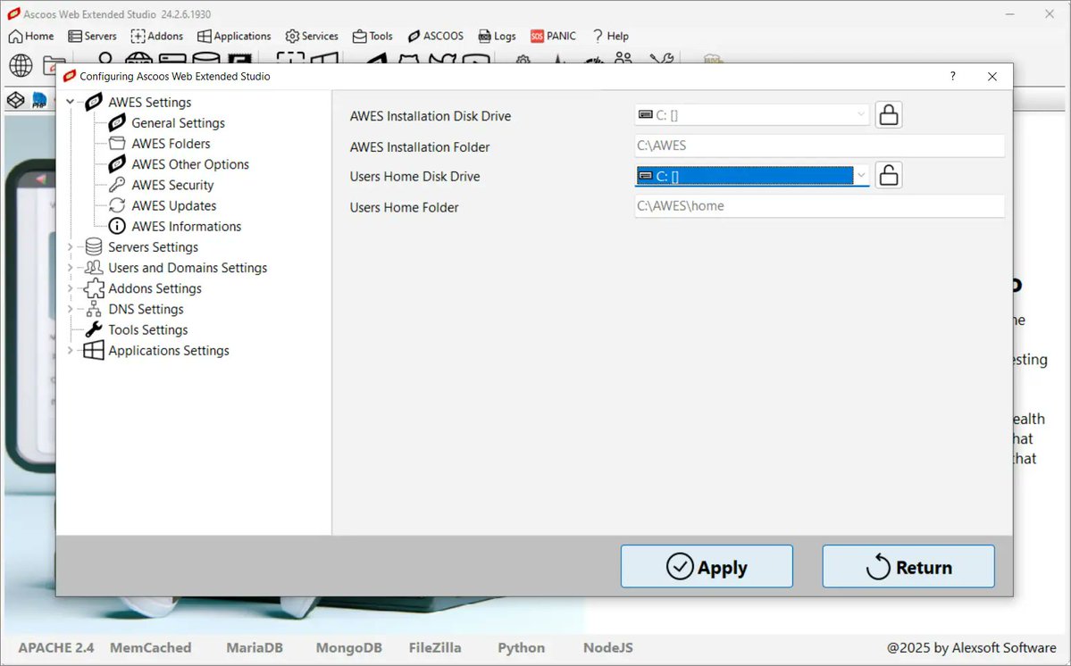 ascoos's tweet image. Ascoos Web Extended Studio (AWES)

Is FREE and Portable power: Run it anywhere, no installation needed!

Set the home path

#AWES #Ascoos #apache #php #memcached #python #node #mariadb #mongodb #filezilla #vscode #firefox #chromium #PortableDev #WebDev #WebDevelopment