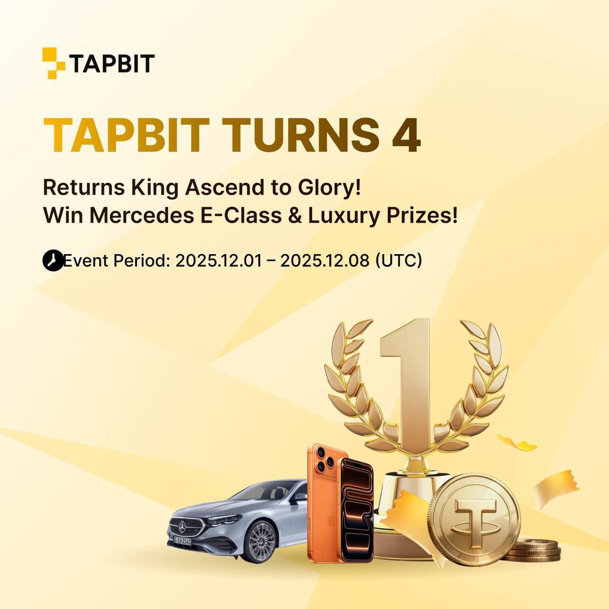 Tekeee's tweet image. I don't often get excited about contests, but Tapbit's fourth year celebration seems genuine with prizes🏆: 

Mercedes car, a Rolex watch, one Bitcoin, and over a 
million dollars.

I've signed up. Up to you. #TapbitTurns4 #tapbit

tapbit.com/m/#/anniversar…