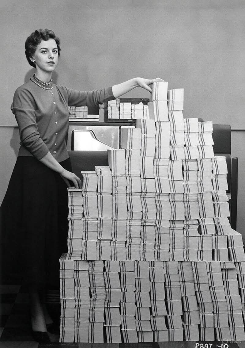 Dr_TheHistories's tweet image. What 5 megabytes of computer data looked like in 1966: 62,500 punched cards, taking four days to load.... 

© Historic Photographs

#drthehistories
