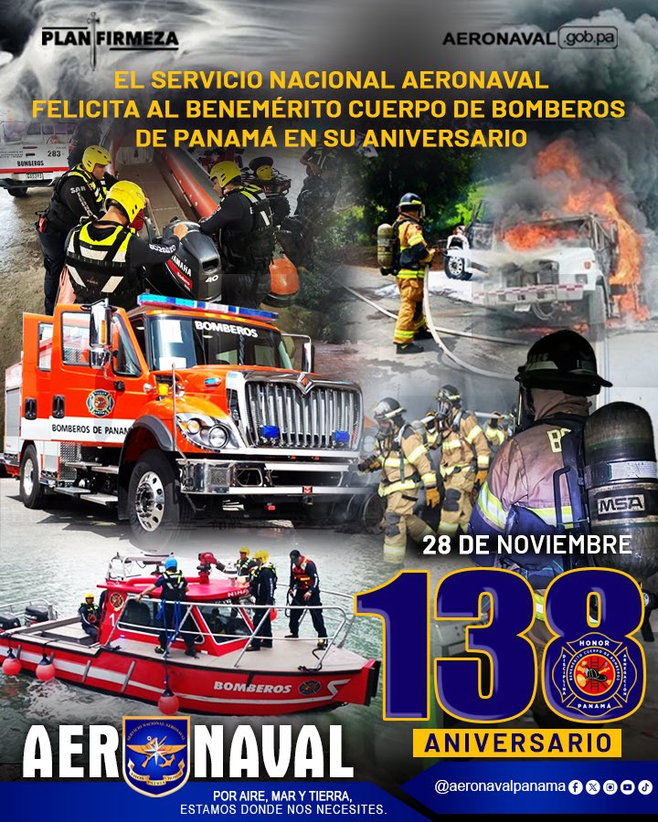 aeronavalpanama's tweet photo. La #Aeronaval extiende un respetuoso y fraterno saludo a @bomberospanama en la conmemoración de sus 138 años de aniversario.
¡Felicidades en este nuevo aniversario y gracias por su compromiso con Panamá! 🔥🇵🇦🚒
#CompromisoConLaPatria
#SomosMuchoMás https://t.co/ZEbQjpRMsz