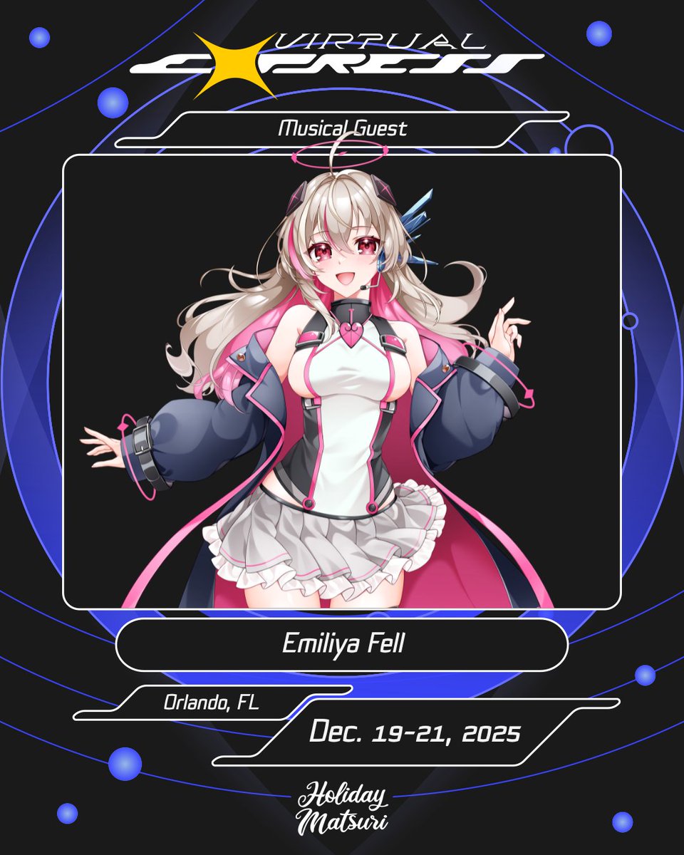 GUEST ANNOUNCEMENT: <a href="/EmiliyaFell/">Emiliya 💒🪽 ヱミリヤ ▪︎ フェル</a> will be boarding the Virtual Express this December at <a href="/HolidayMatsuri/">Holiday Matsuri</a> 

"I fell first, You'll fall next!" Heaven's Dropout, Fallen Angel: Emiliya Fell! VTuber, VSinger, &amp; Producer!