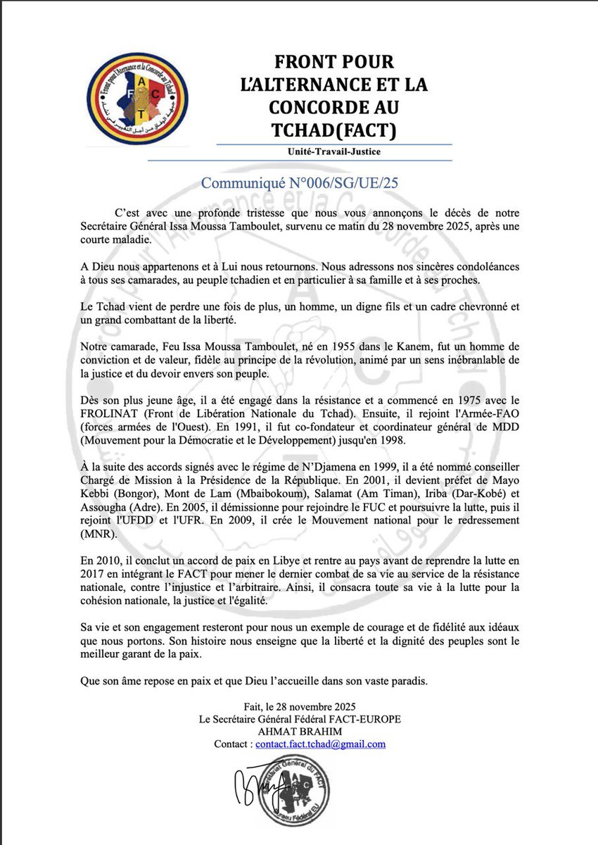 C'est avec une immense tristesse que le FACT annonce le décès de Secrétaire Général du mouvement, le camarade ISSA MOUSSA TAMBOULET.