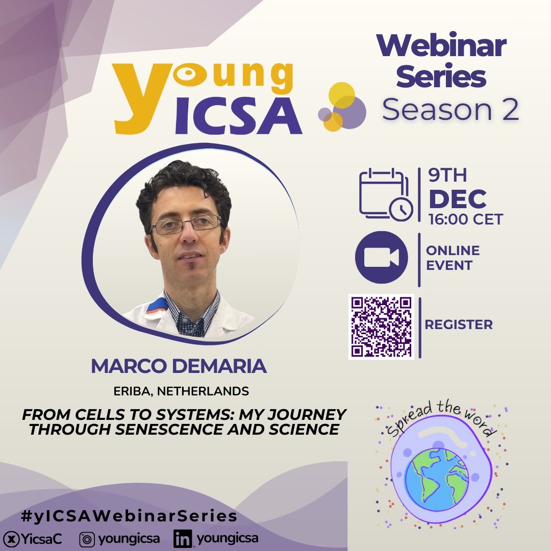 🎙️ We’re thrilled to host <a href="/ICSA_senescence/">International Cell Senescence Association</a> President <a href="/marc_dema/">Marco Demaria</a> (ERIBA) for his seminar "From Cells to Systems: My Journey Through Senescence and Science."   

📅 Join us online on 9 Dec at 16:00 CET! 

🔗 Register here: us06web.zoom.us/meeting/regist…