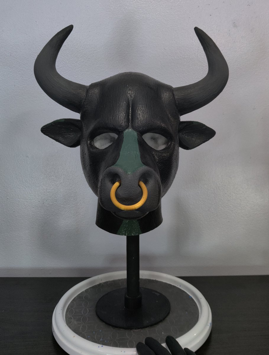 NobleGalactic's tweet image. Another Rubber Bull Hood all finished up.
This Stud got a nose ring.

This will be the last closed Mouth Bull hood (nose holes for breathing) I make, unless requested by the commissioner.

New Bull head with open mouth coming next.