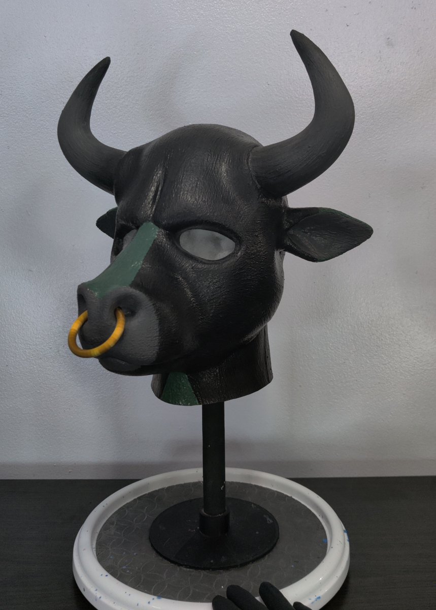 NobleGalactic's tweet image. Another Rubber Bull Hood all finished up.
This Stud got a nose ring.

This will be the last closed Mouth Bull hood (nose holes for breathing) I make, unless requested by the commissioner.

New Bull head with open mouth coming next.