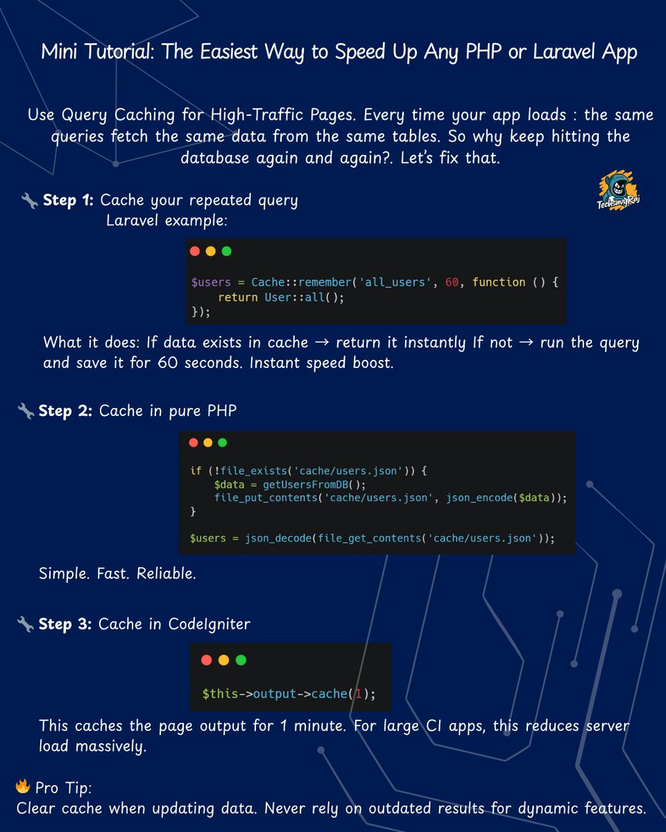 TechsavyRaj's tweet image. 🚀 Mini Tutorial: The Easiest Way to Speed Up Any PHP or Laravel App

Most performance issues are not in the code.
They come from how the app handles repeated work.

#PHP #Laravel #CodeIgniter #WebDevelopment #BackendEngineering #PerformanceTips #Caching #TechTutorial