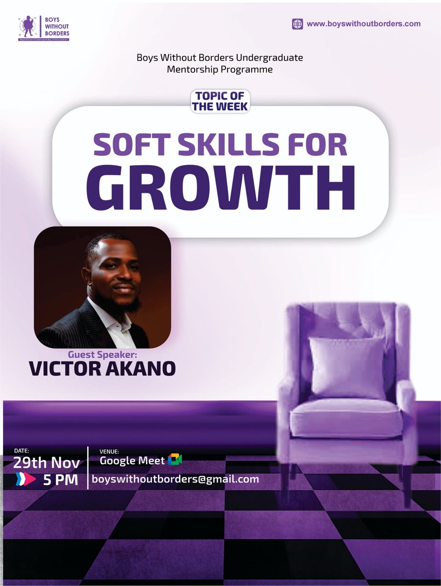 BWB Undergraduate Mentorship Program is off to a strong start!

After last week’s Vision Boarding session with our Co-founder, J.D. Okafor, we’re back tomorrow with Soft Skills for Growth by Victor Akano (PwC Malta).

📅 5PM | Google Meet: meet.google.com/etk-rwpk-ugf

#BWBUMP #BWBNG