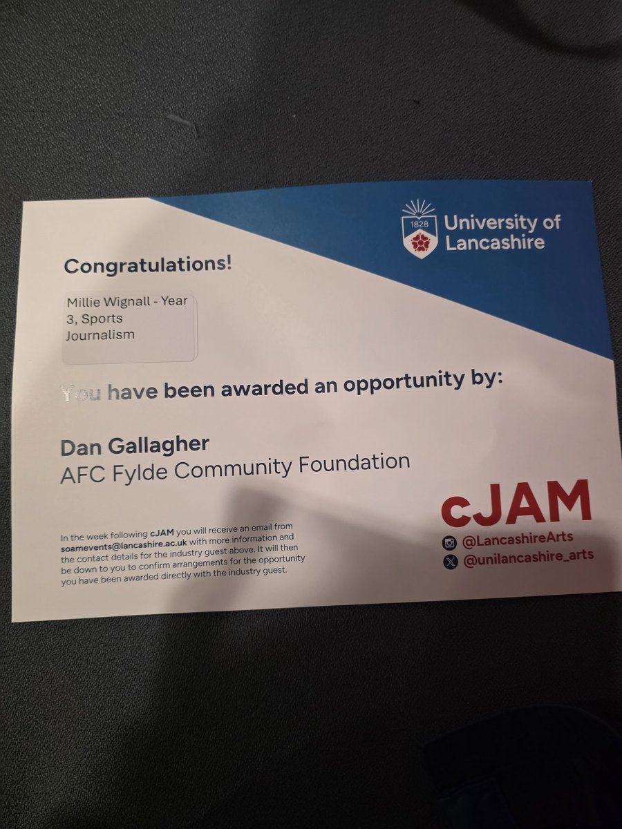 Finishing the week off well with a placement for my final cJAM (can't believe I have just wrote that🥺) for <a href="/AFCFyldeFDN/">AFC Fylde Community Foundation</a> through <a href="/LancashireArts/">Arts at the University of Lancashire</a> <a href="/SportJournLancs/">Sport Journalism Lancashire</a> 

Huge thanks to Dan at AFC Fylde Community Foundation for this opportunity 🙌