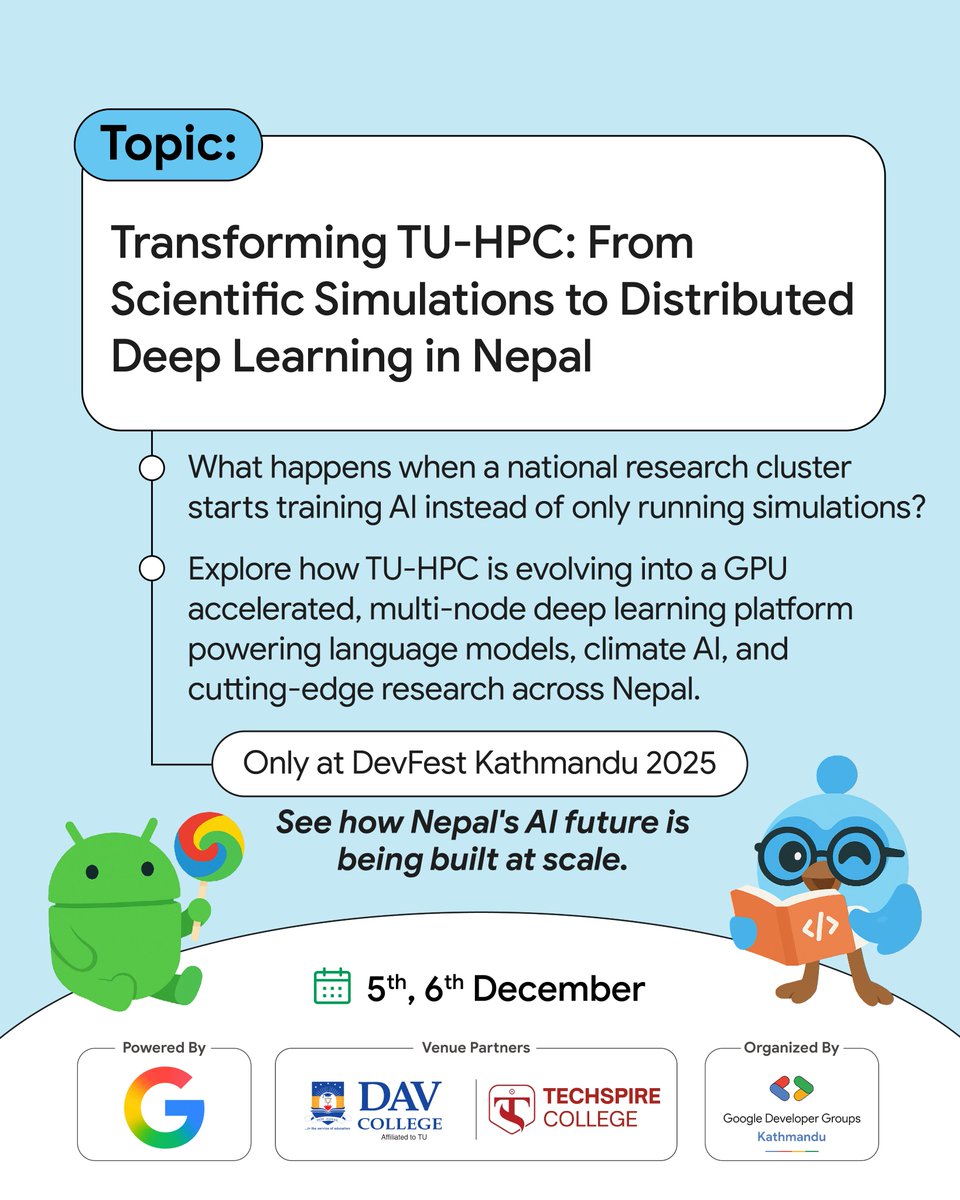gdgkathmandu's tweet image. Nepal’s largest research computing platform is leveling up! Aatiz G. reveals how TU-HPC is becoming a national GPU-powered AI powerhouse with Slurm, Horovod, DeepSpeed &amp;amp; PyTorch DDP for multi-node training. Do Register shorturl.at/bCmKk #DevFest2025 #GDG #GDGKathmandu