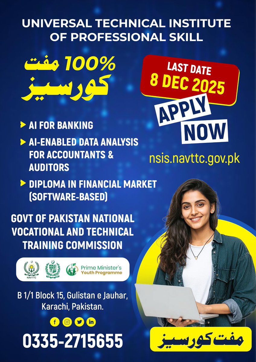 AIMSoffical's tweet image. 📢 Exciting News: 100% FREE Professional Skill Courses! 🇵🇰
• 🤖 AI for Banking
• 📊 AI-Enabled Data Analysis for Accountants &amp;amp; Auditors
• 📈 Diploma in Financial Market (Software-Based)
Key Details:
• ⚠️ LAST DATE TO APPLY: 8 DEC 2025
0335-2715655
#FreeCourses #NAVTTC #Skill