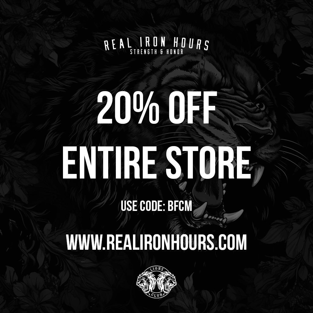 RealIronHours's tweet image. ⚔️ BLACK FRIDAY ⚔️

Everything is 20% off.

Use Code: BFCM

Shop Now: realironhours.com