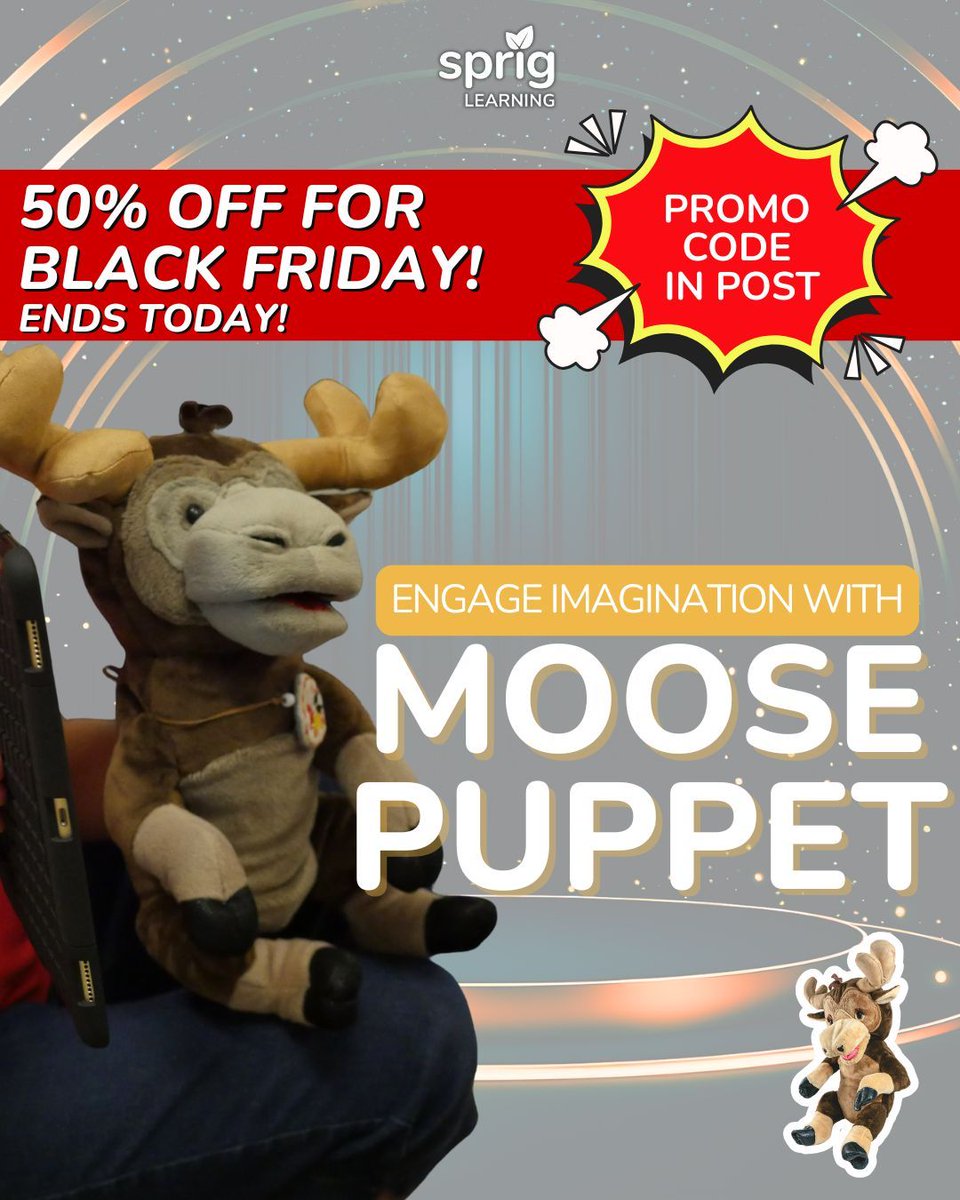 SprigLearning's tweet image. Meet your new classroom companion! This lovable plush moose puppet isn’t just cuddly, it boosts fine motor skills &amp;amp; hand-eye coordination through interactive play. Pick it up: buff.ly/4FcXqE5 
Offer ends today! Use the code 50OFF during checkout.
#BlackFriday #MoosePuppet