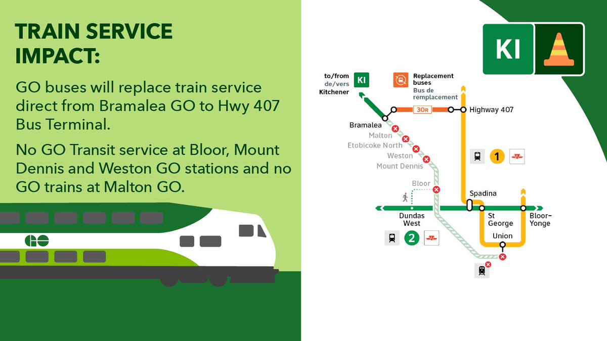 GOtransit's tweet image. 🚊📆 Late tonight, some Kitchener line service has been adjusted.
➡ This weekend, no GO train service between Union Station and Bramalea GO. GO buses will run direct from Bramalea GO to Highway 407 Bus Terminal. gotransit.com/en/the-future-…