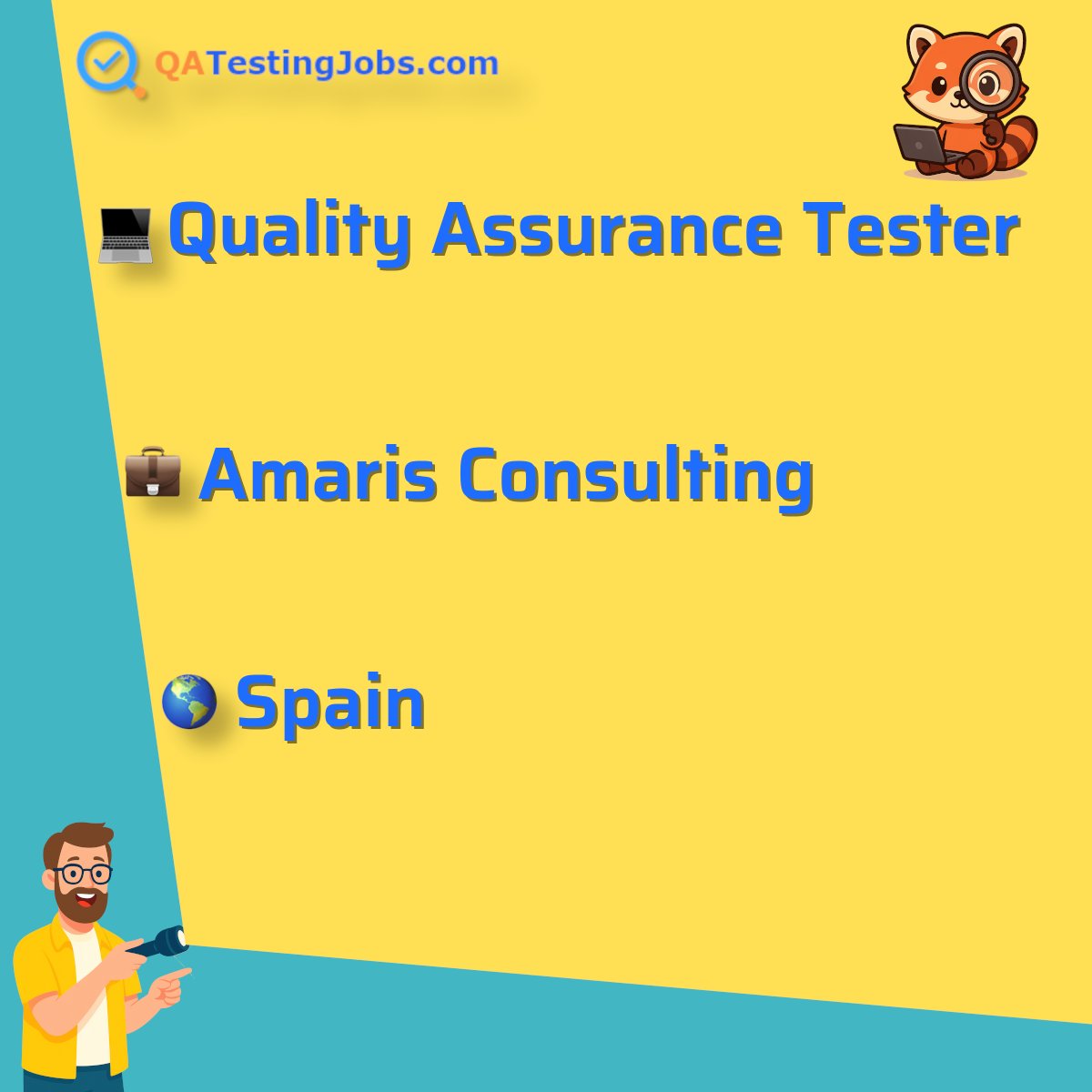 QATestingJobs's tweet image. Title: Quality Assurance Tester
Company: Amaris Consulting
Country: Spain
City: 
Employment Type: 
Location: hybrid
Remote/Onsite: hybrid
Visa Support: 
Link: qatestingjobs.com/jobs/69074-qua…
#agile #apitesting #attentiontodetail #automationtesting #azuredevops #fluentspanish…
