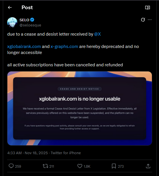 MastrXYZ's tweet photo. This is not crypto related but to me worth posting.

Elon Musk and X likely took a developer’s idea in the worst possible way.

A developer named Selo @seloesque built x-graphs, a viral tool that ranked X interactions based on impressions and engagement. 

Users loved it and he even walked xAI through the full architecture during 3 interviews.

Right after those interviews he was rejected, told to move to the paid X API, pushed to reveal his full data pipeline and then hit with a real cease and desist letter from X. 

He shut everything down overnight.

11 days later Elon Musk announced a new X feature that ranks your following timeline using Grok. 

The timing is wild and the whole situation looks like they extracted his ideas, killed his product with a C and D and then released their own version.

tldr:

build a powerful interaction ranking tool
positive xAI interviews
share architecture and data methods to xAI
get rejected
get a cease and desist letter from X
forced shutdown
11 days later Elon launches something almost similar

Form your own opinion.

by $MASTR crypto project