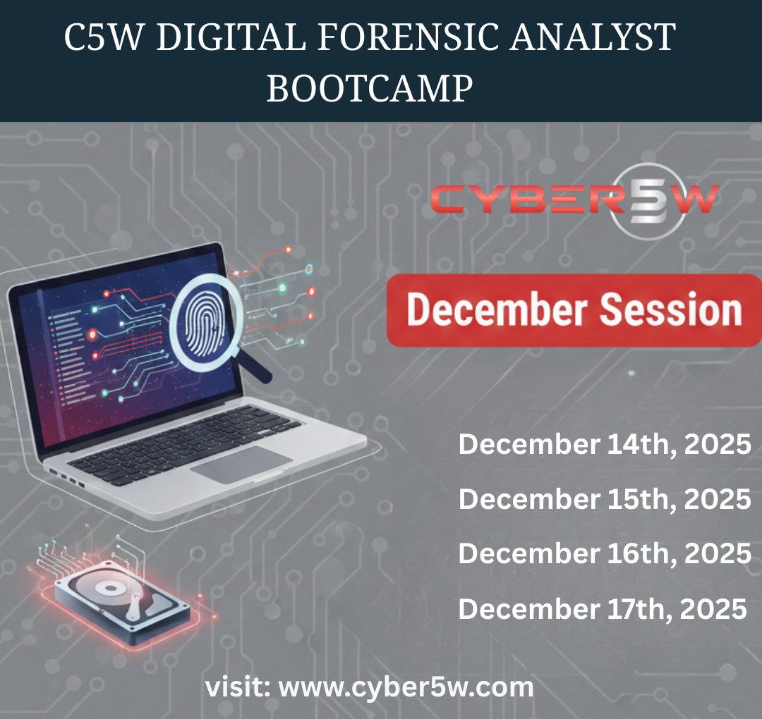 cyber5w's tweet image. 🚀🕵️‍♂️ The C5W Digital Forensic Analyst Bootcamp is back this December!
Get hands-on DFIR training, real-world cases, and the skills you need to break into digital forensics 🔍💻
Limited seats, don’t miss the December session! ❄️🔥

📅 December 14–17, 2025
🔗academy.cyber5w.com/courses/c5w-di……
