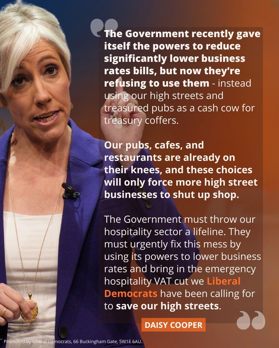 LibDems's tweet image. First it was stealth taxes on households, and now it’s a stealth tax on our high streets. 

The government is hammering businesses, we need an urgent VAT cut for hospitality services now.